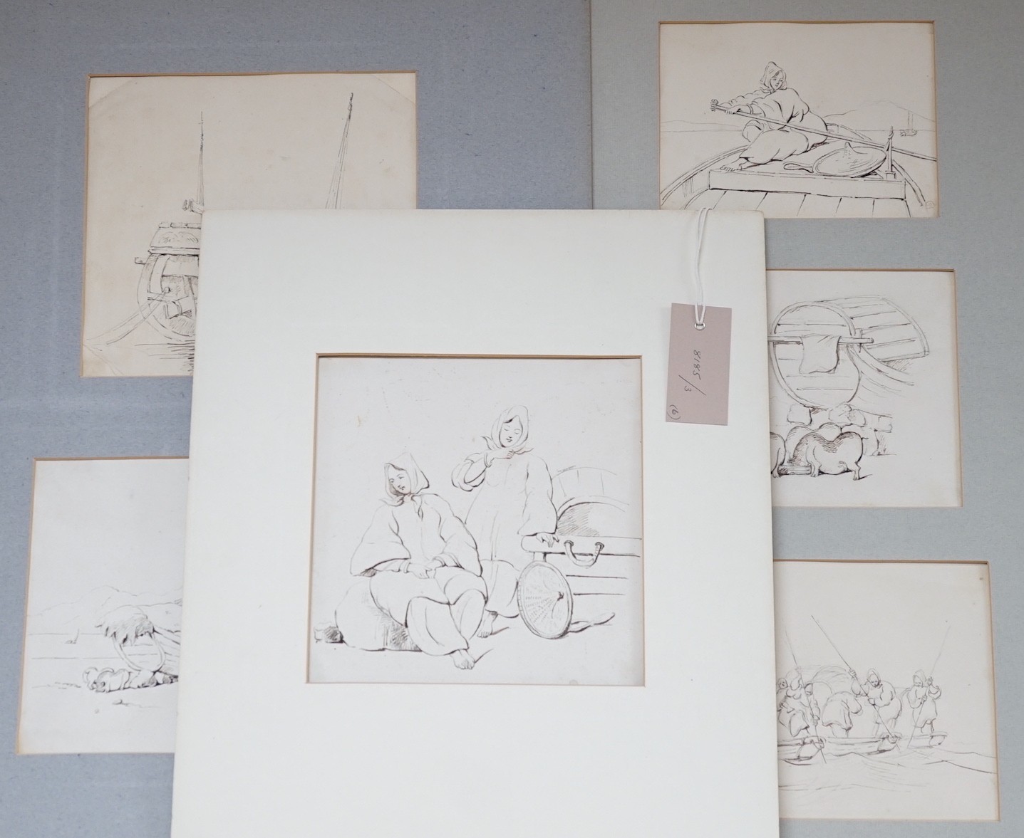 Manner of George Chinnery (1774-1852), six pen and ink drawings, Studies of boatmen, a junk and figures on the shore, largest approx. 19 x 19cm, unframed